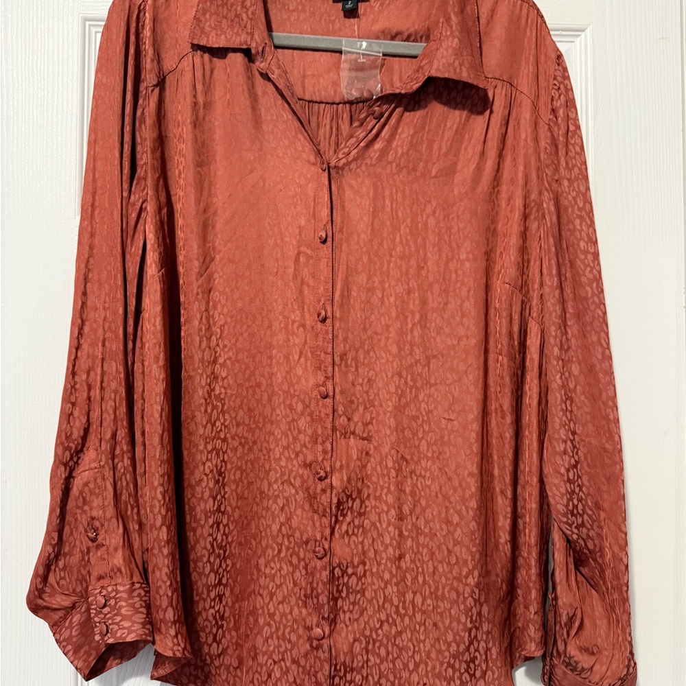 Rust Button-Front Long Sleeve Blouse